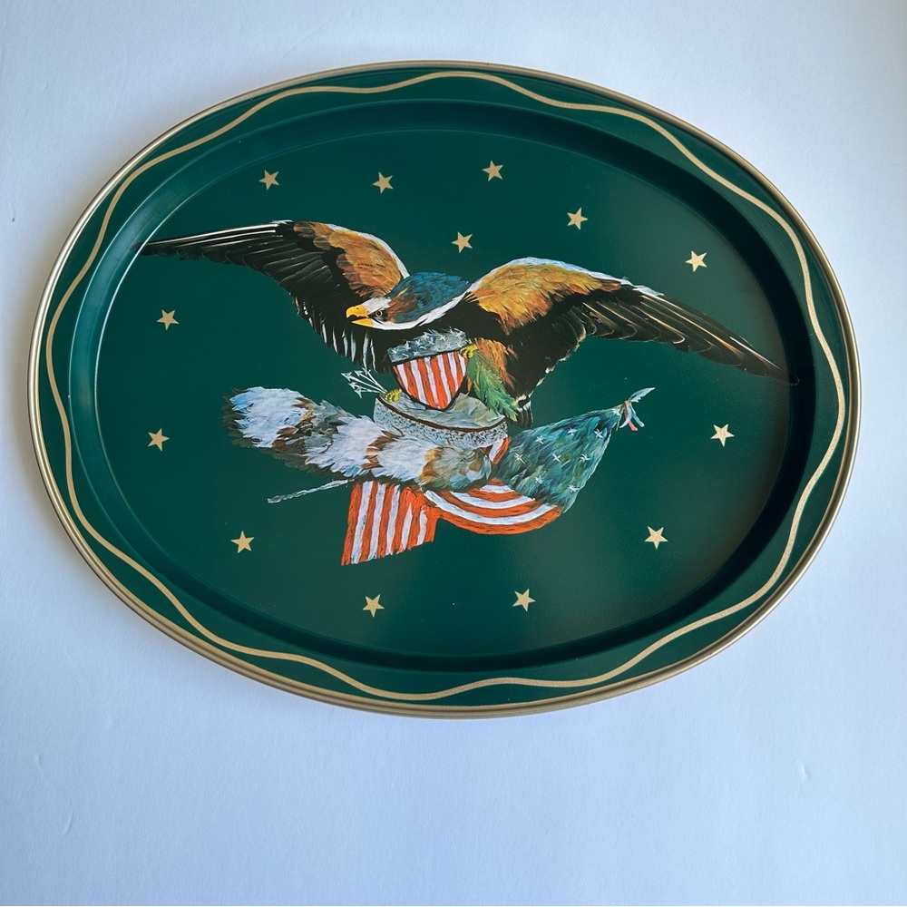 Vintage Oval metal tray Bicentennial 1776-1976 celebration eagle shield flag VGC